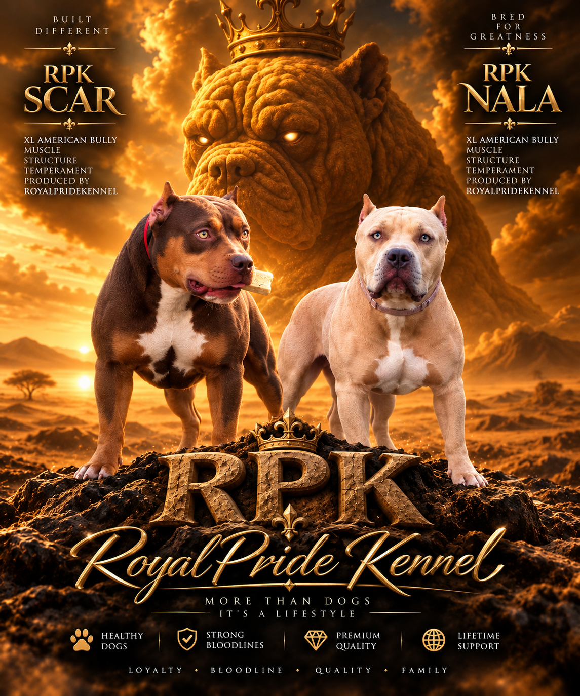 RoyalPrideKennel poster featuring RPK Scar and RPK Nala, XL American Bullies, in golden desert scenery